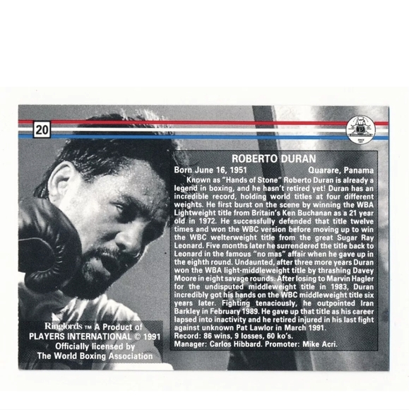 Roberto Duran 🥊 Boxing Trading Card RingLords #20 🔥 Manos de Piedra - Picture 2 of 4